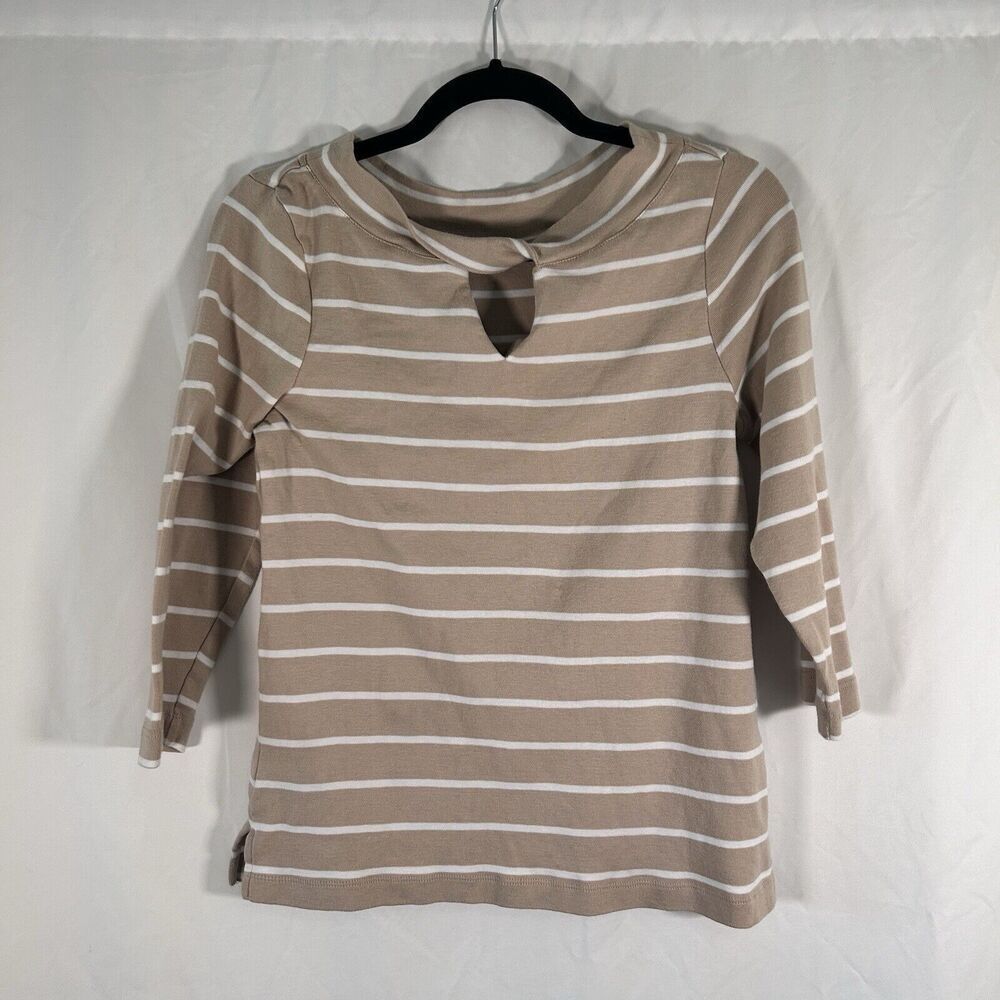Chico's Blouse Women's Small Beige White Striped 3/4 Sleeve Round Neck Cotton